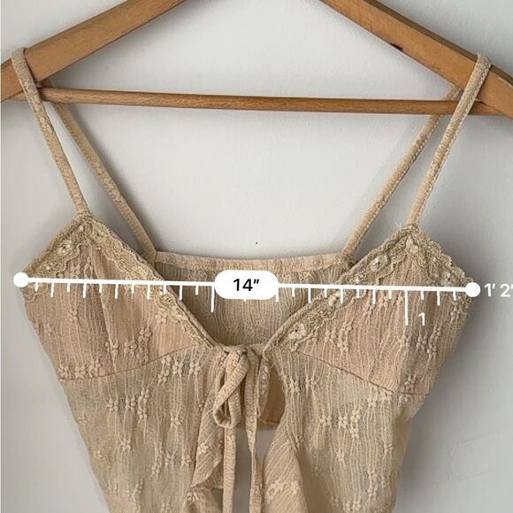 Lace Tie Front Beige Tan Cropped Spaghetti Strap Semi Sheer Tank Top - Picture 6 of 6